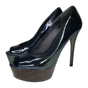 Brian Atwood Womens Black Iridescent Platform Stilettos Multicolor Size 7 Peep